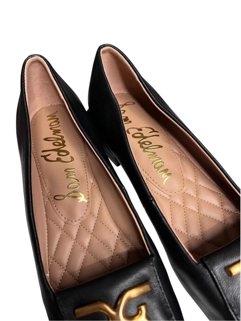 🌻NEW Sam Edelman Emina Square Toe Flats Black Gold Hardware Slip On 1" Heel 6.5 - Picture 2 of 10